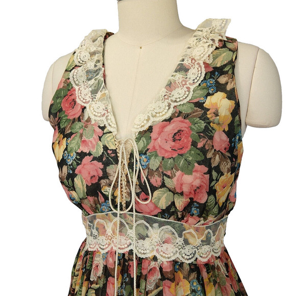 Gunne Sax Black Floral Corset Maxi Dress Size 13 Vintage 70s Prairie Roses Lace - Picture 7 of 15